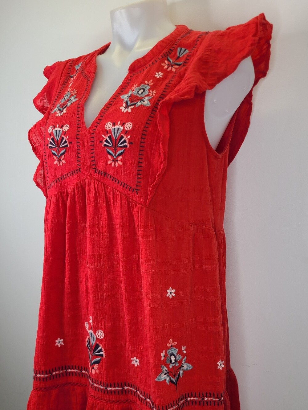 Knox Rose Red Embroidered V-Neck Flutter Ruffle Sleeve Dress 100% Cotton Medium - Picture 8 of 15
